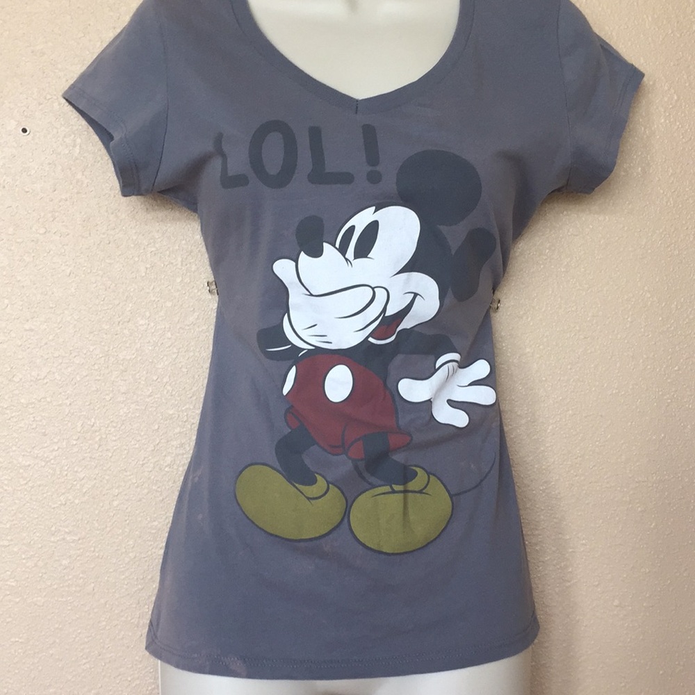 Mickey Mouse Gray Distressed LOL V neck T-shirt